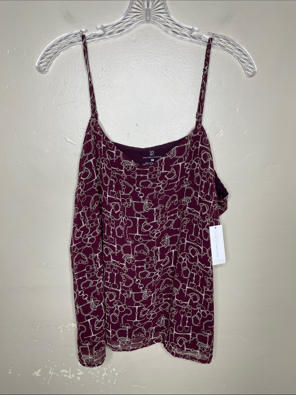 NEW YORK & COMPANY Burgundy & Gray Equestrian Chain Print Camisole Blouse NWT Lg